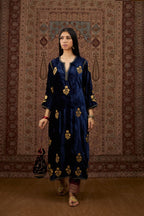 Navy blue silk velvet straight kurta set with all over gold zari embroidery butas.
