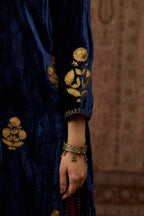 Navy blue silk velvet straight kurta set with all over gold zari embroidery butas.