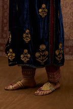 Navy blue silk velvet straight kurta set with all over gold zari embroidery butas.