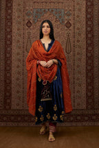 Navy blue silk velvet straight kurta set with all over gold zari embroidery butas.