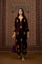 Maroon silk velvet straight kurta set with all over gold zari embroidery butas.