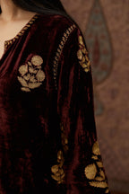 Maroon silk velvet straight kurta set with all over gold zari embroidery butas.