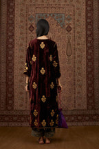 Maroon silk velvet straight kurta set with all over gold zari embroidery butas.