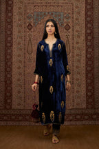 Navy blue silk velvet straight kurta set with all over gold zari embroidery butas and round neckline.