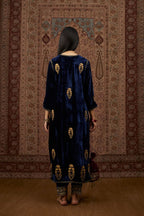 Navy blue silk velvet straight kurta set with all over gold zari embroidery butas and round neckline.