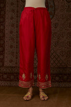 Red silk straight pants woth gold gota and zari embroidery (Pant)