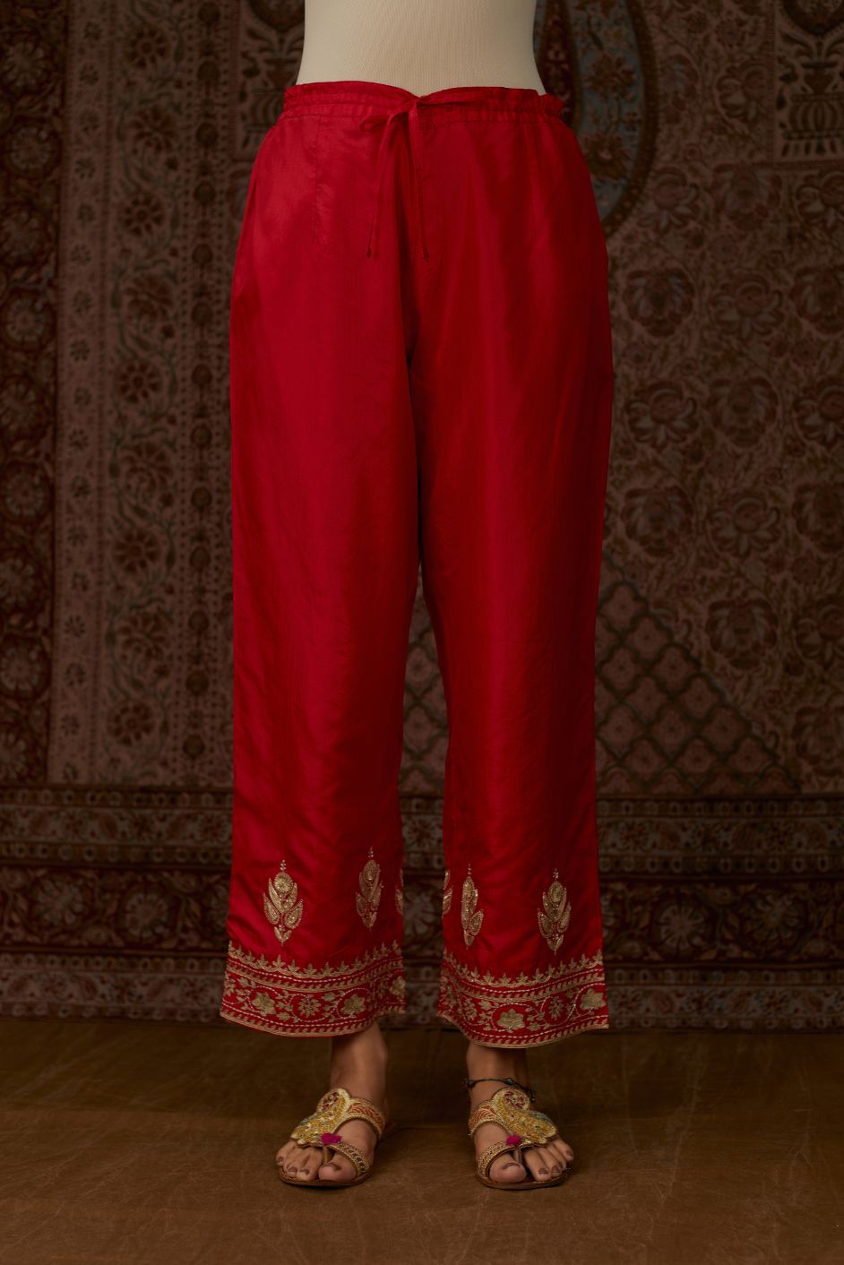 Red silk straight pants woth gold gota and zari embroidery (Pant)