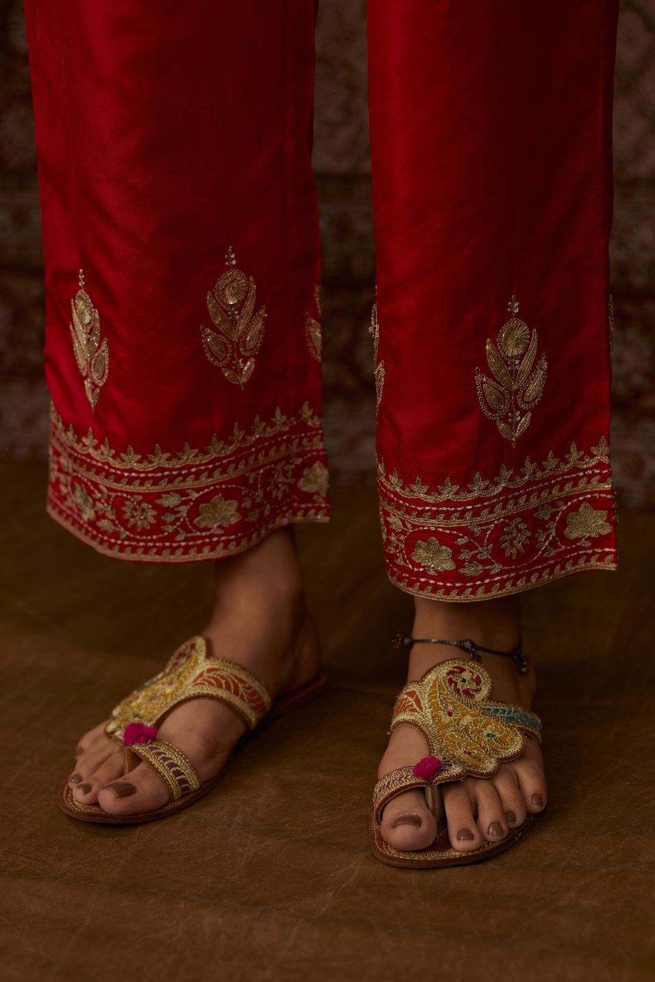Red silk straight pants woth gold gota and zari embroidery (Pant)