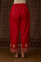Red silk straight pants woth gold gota and zari embroidery (Pant)