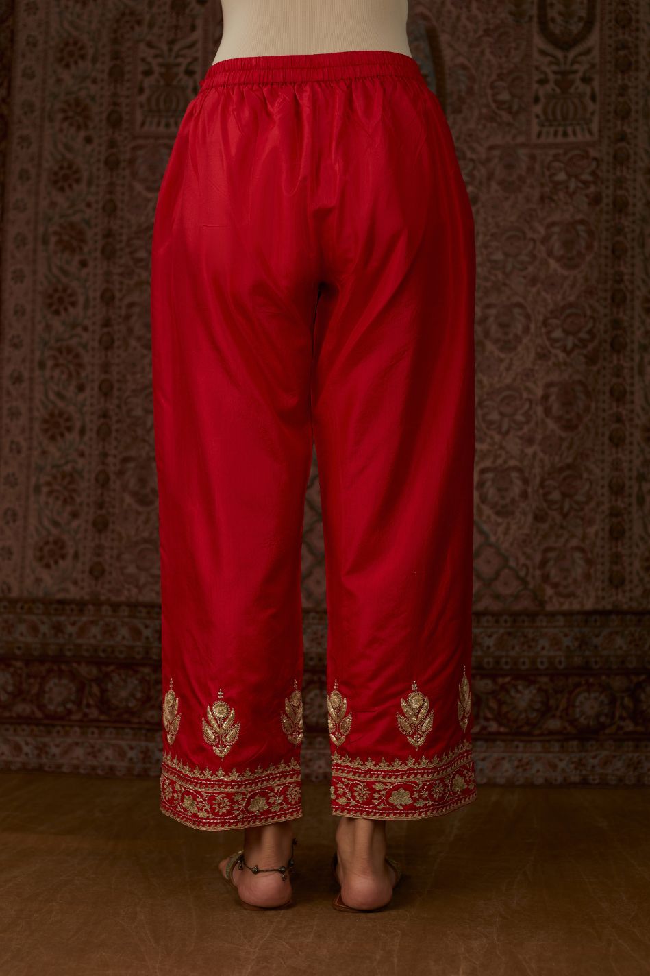 Red silk straight pants woth gold gota and zari embroidery (Pant)