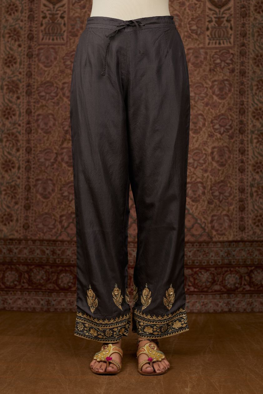 Grey silk straight pants woth gold gota and zari embroidery (Pant)