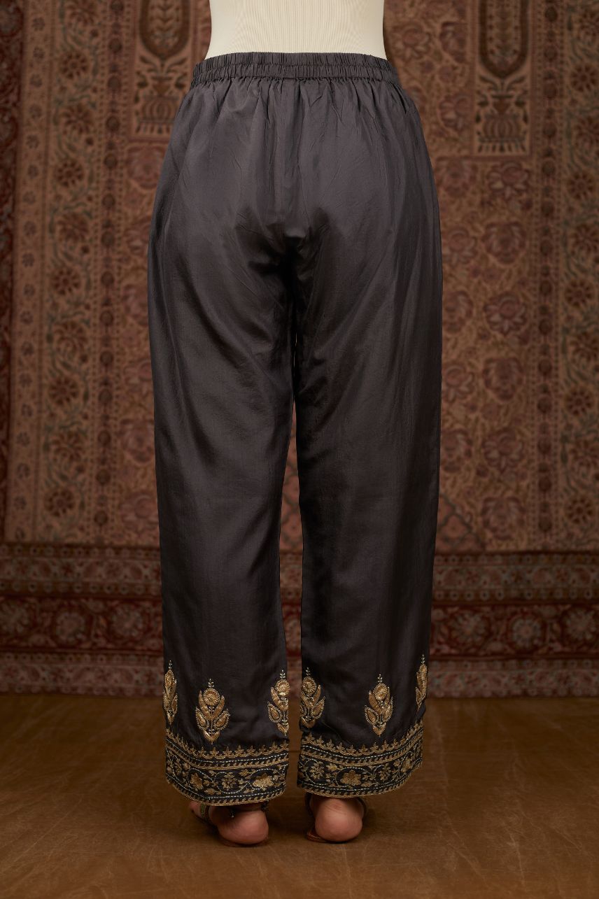 Grey silk straight pants woth gold gota and zari embroidery (Pant)