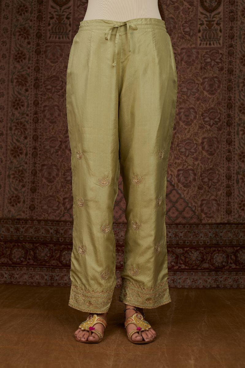 Soft green silk straight pants woth gold gota and zari embroidery (Pant)