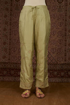 Soft green silk straight pants woth gold gota and zari embroidery (Pant)