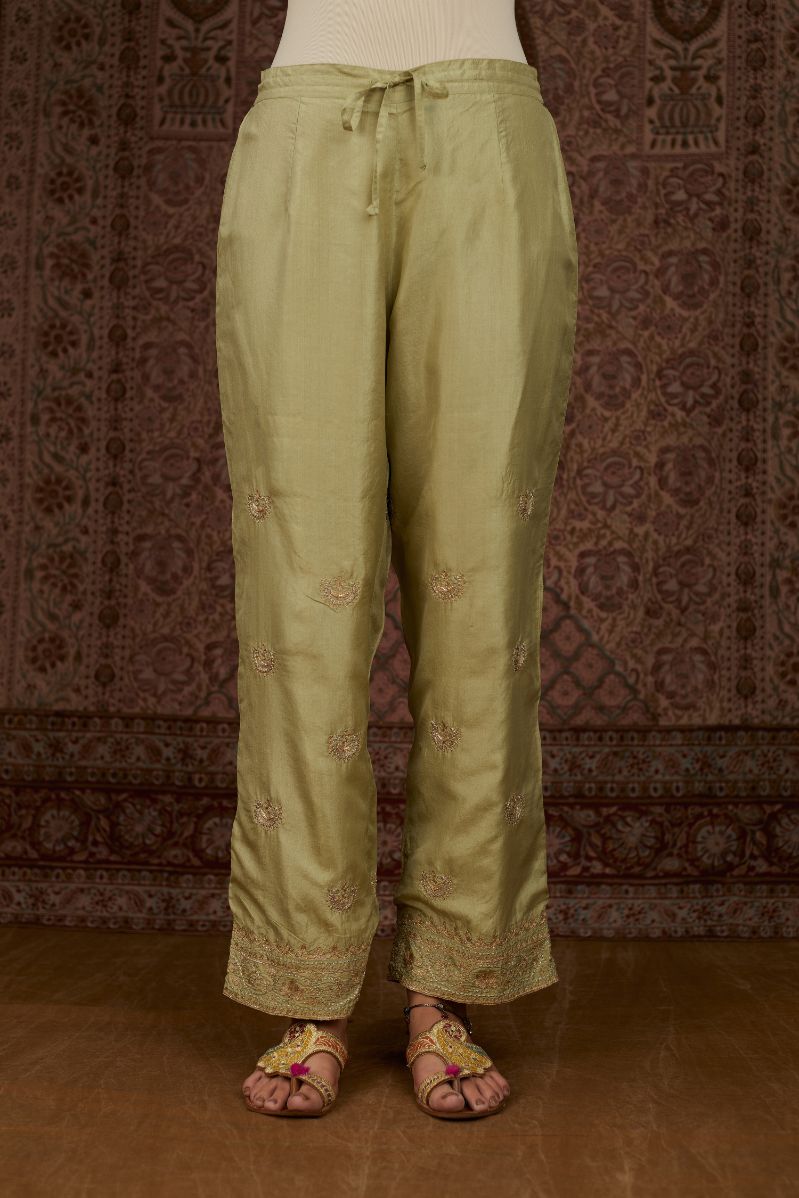 Soft green silk straight pants woth gold gota and zari embroidery Pan   Kora India