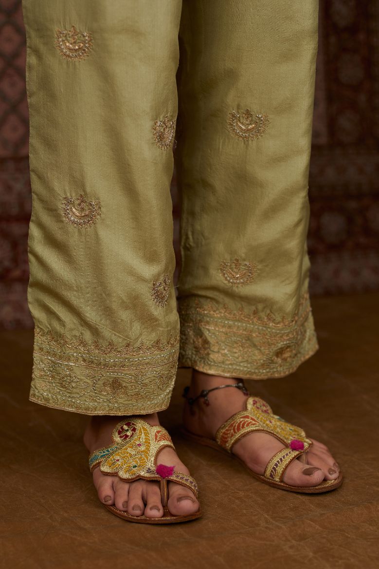 Soft green silk straight pants woth gold gota and zari embroidery (Pant)