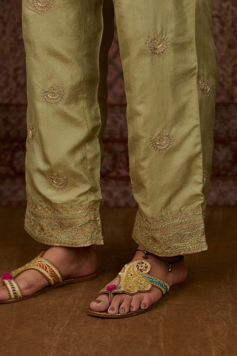 Soft green silk straight pants woth gold gota and zari embroidery (Pant)