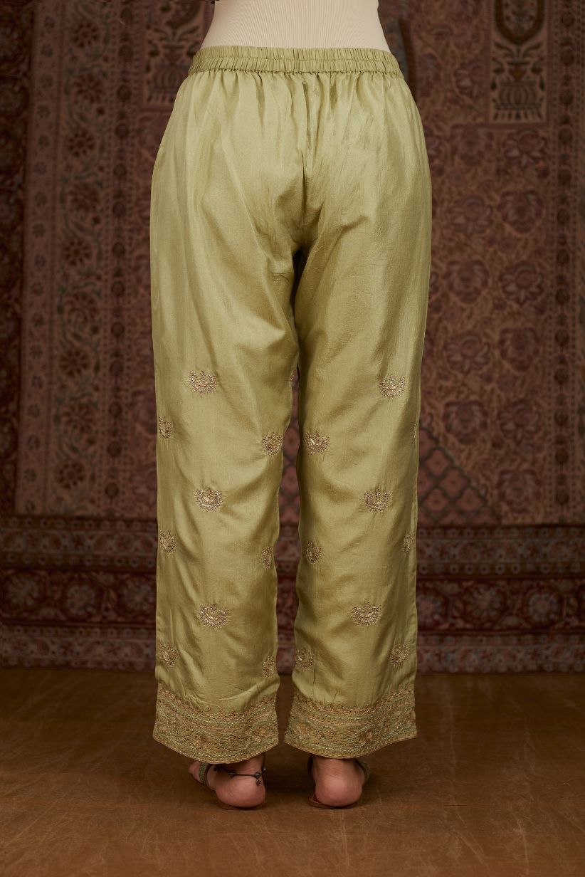 Soft green silk straight pants woth gold gota and zari embroidery (Pant)