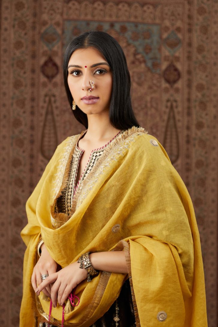 Yellow Tissue Chanderi dupatta with delicate gold zari and gota embroidery border running along all edges (Dupatta)