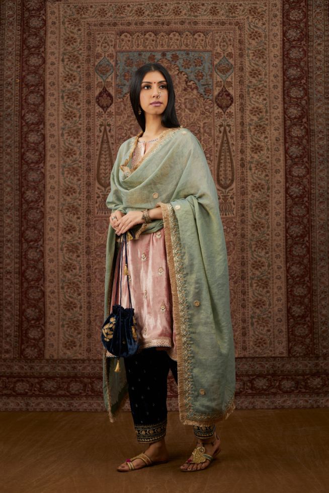 Green Tissue Chanderi dupatta with delicate gold zari and gota embroidery border running along all edges (Dupatta)