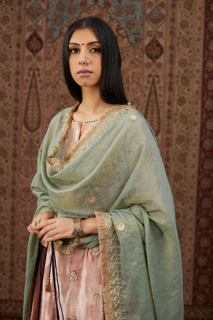 Green Tissue Chanderi dupatta with delicate gold zari and gota embroidery border running along all edges (Dupatta)
