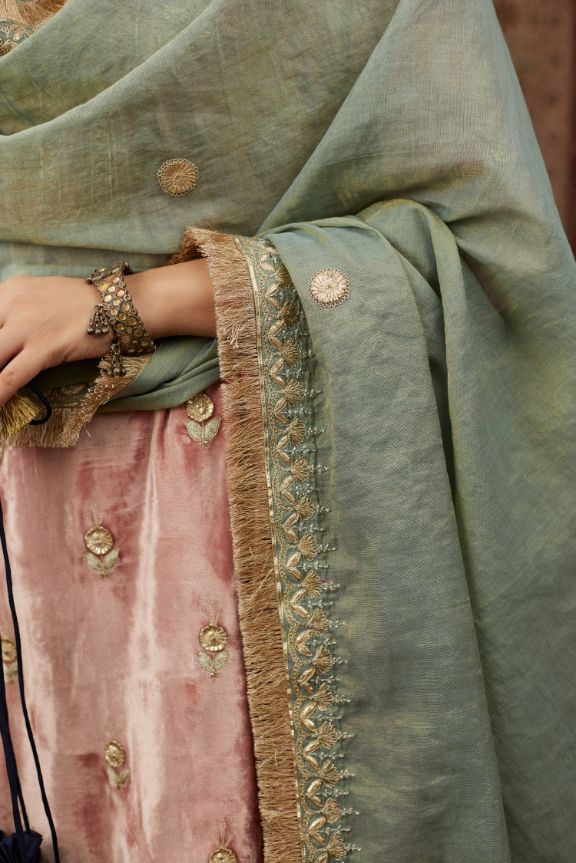 Green Tissue Chanderi dupatta with delicate gold zari and gota embroidery border running along all edges (Dupatta)