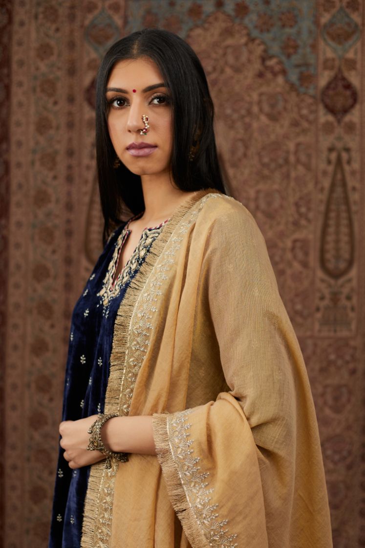 Tissue Chanderi dupatta with delicate gold zari and gota embroidery border running along all edges with large butas placed at the pallas, end pieces (Dupatta)