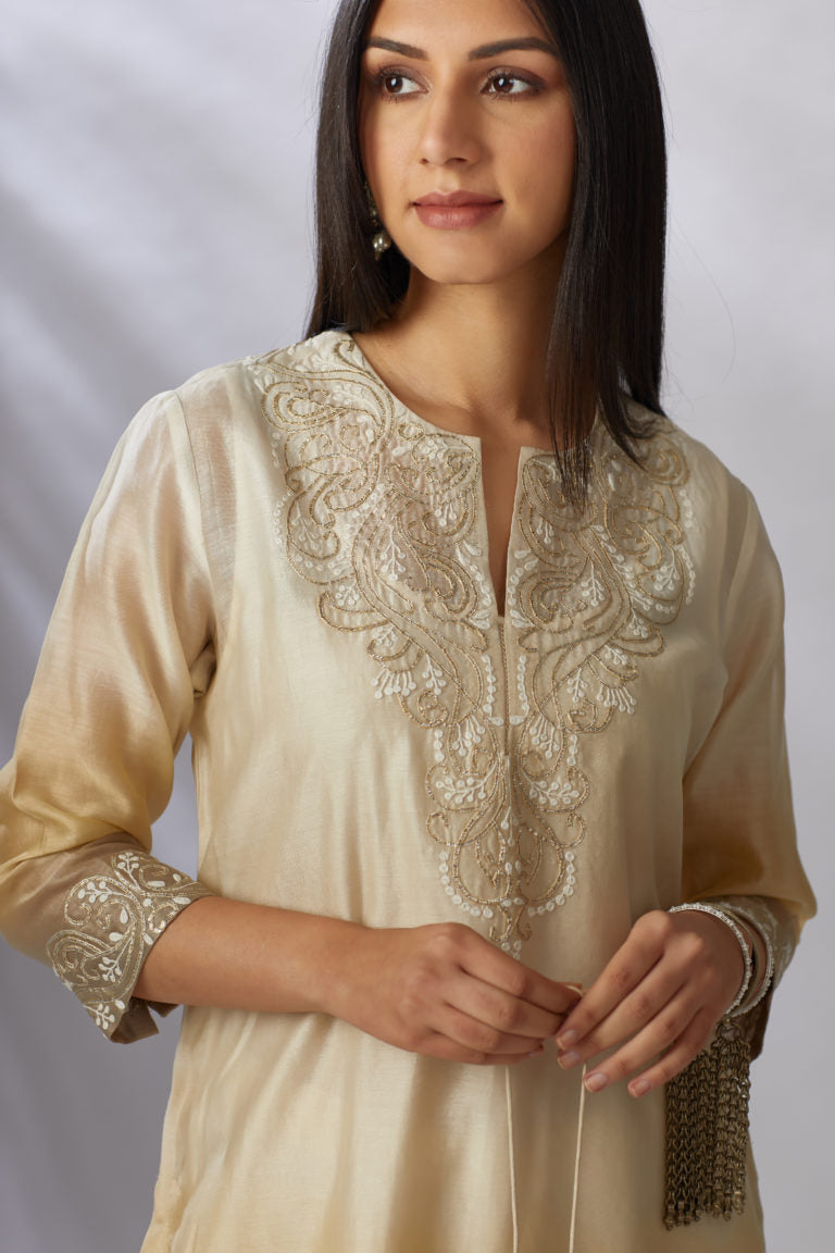 Straight kurta set with ombre and gota embroidery at neck