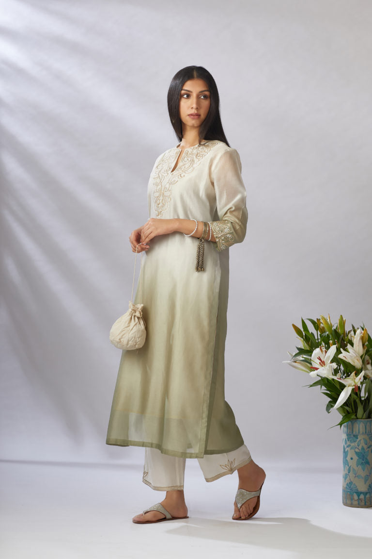 Straight kurta set with ombre and gota embroidery at neck