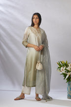 Straight kurta set with ombre and gota embroidery at neck