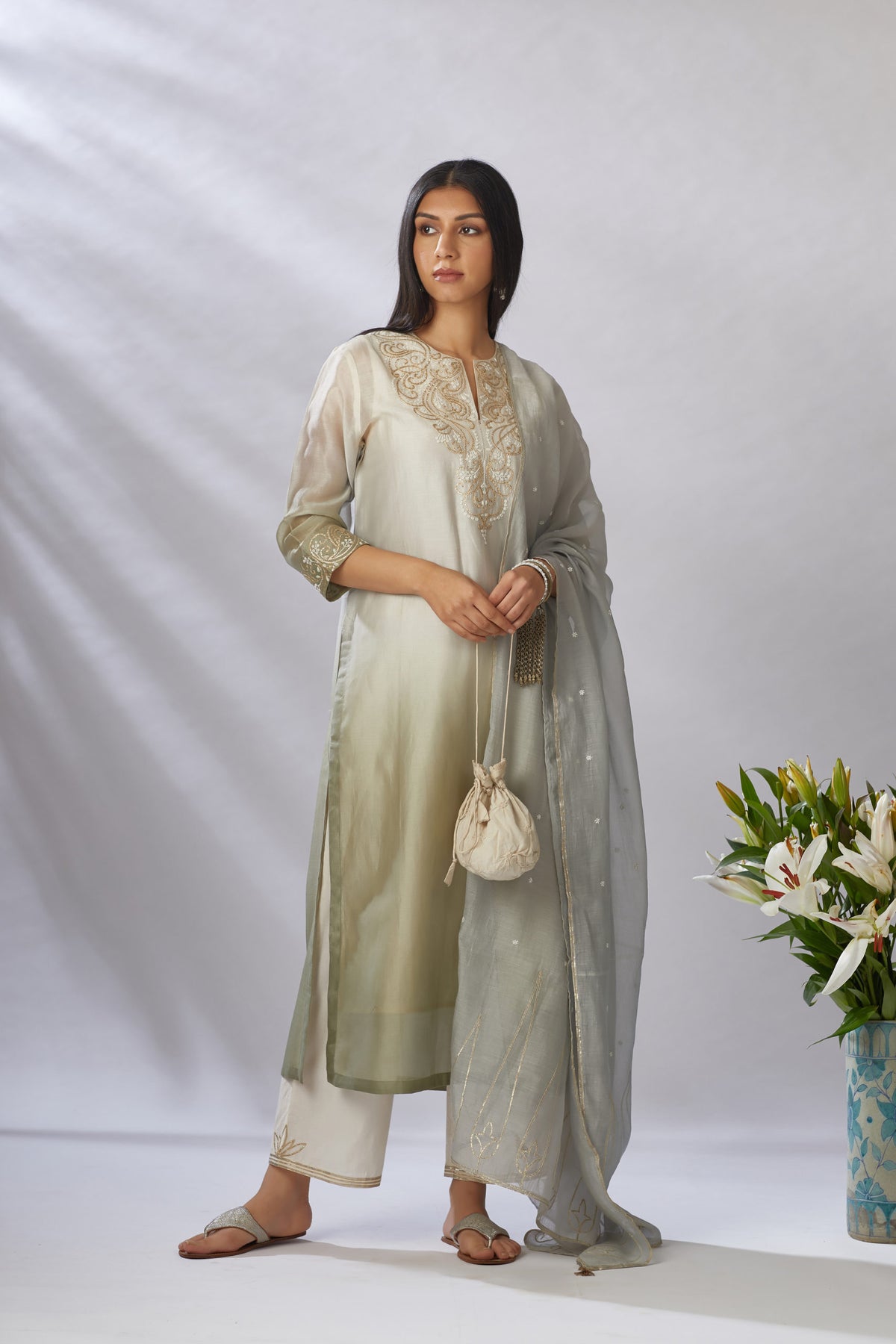 Straight kurta set with ombre and gota embroidery at neck