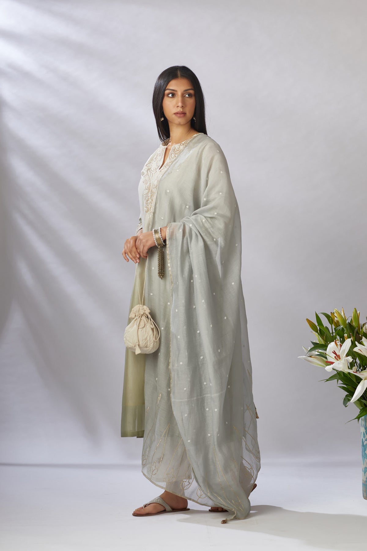Cotton Chanderi dupatta with all-over gota and thread embroidery