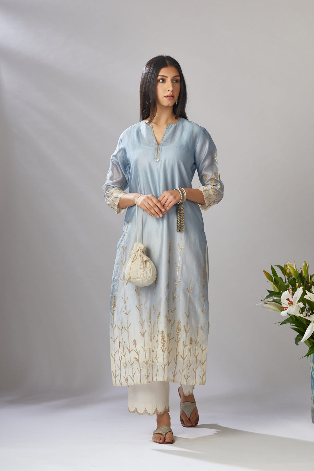 Ombre dyed straight kurta set with gota embroidered bottom hem
