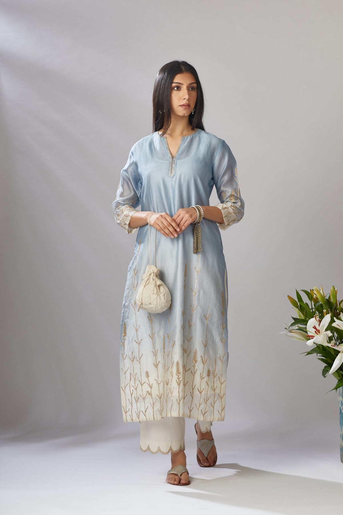 Ombre dyed straight kurta set with gota embroidered bottom hem