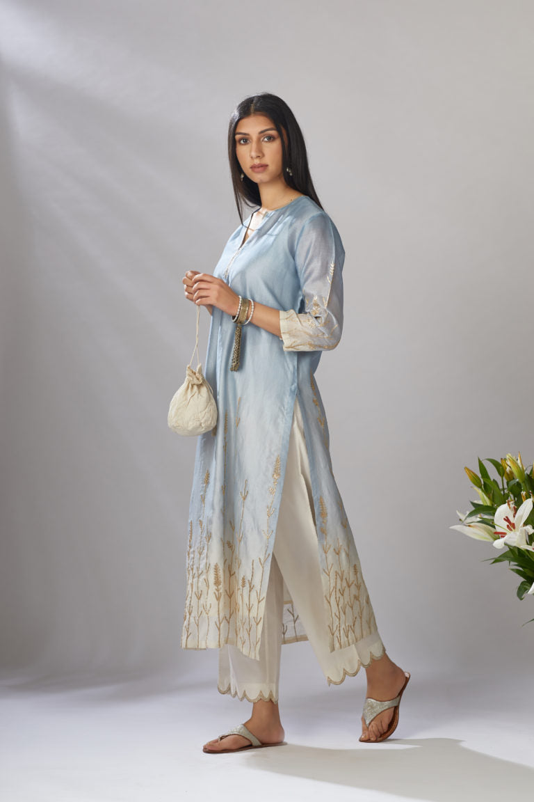 Ombre dyed straight kurta set with gota embroidered bottom hem
