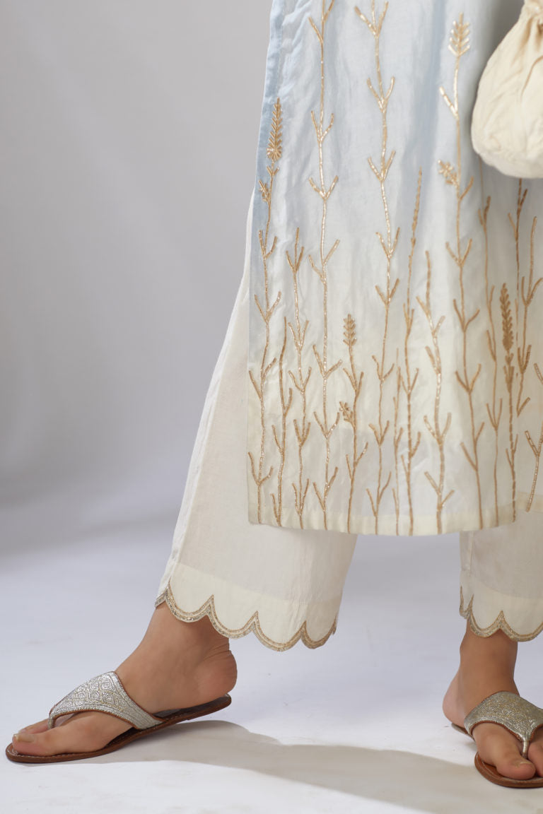Ombre dyed straight kurta set with gota embroidered bottom hem