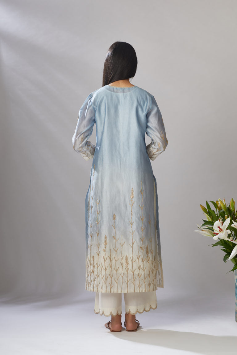 Ombre dyed straight kurta set with gota embroidered bottom hem