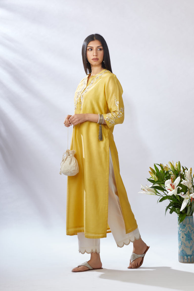 Yellow straight kurta set, detailed with gota and sequin embroidery