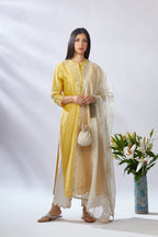 Yellow straight kurta set, detailed with gota and sequin embroidery