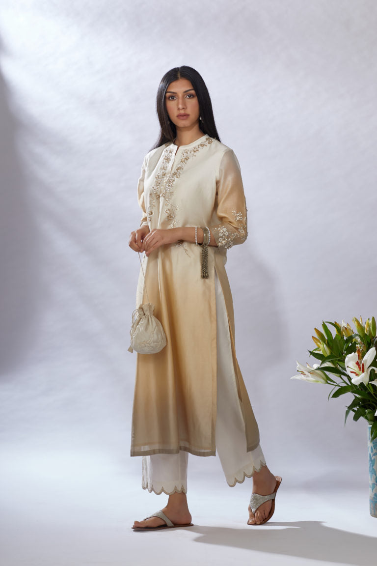Ombre dyed straight kurta set, detailed with gota and sequin embroidery