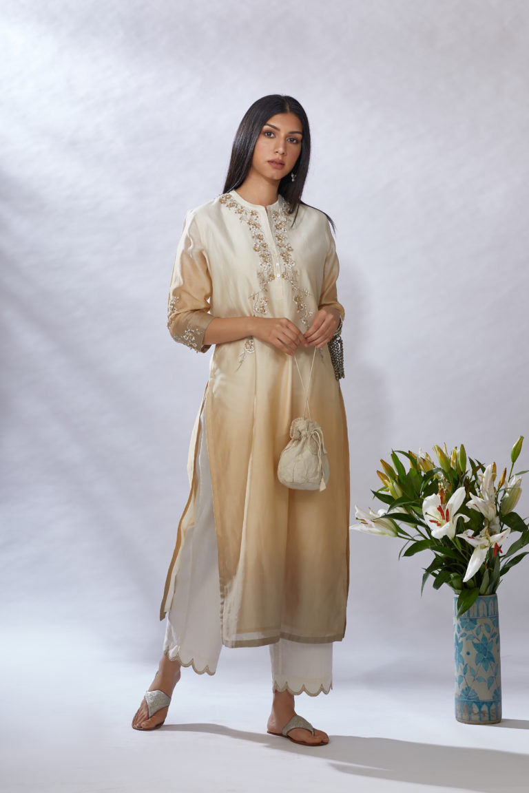 Ombre dyed straight kurta set, detailed with gota and sequin embroidery
