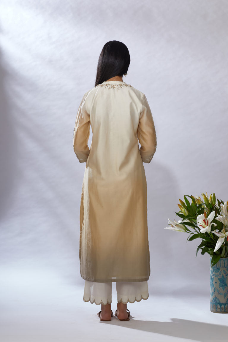 Ombre dyed straight kurta set, detailed with gota and sequin embroidery