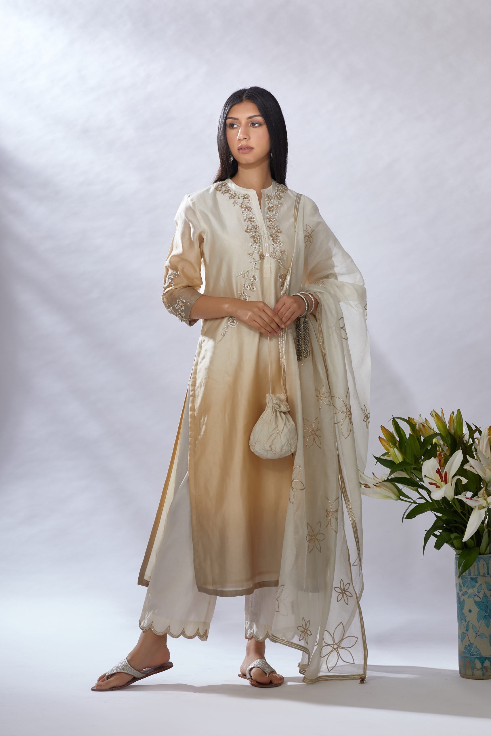 Ombre dyed straight kurta set, detailed with gota and sequin embroidery
