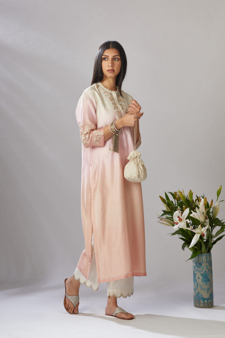Ombre dyed straight kurta set, detailed with gota and sequin embroidery