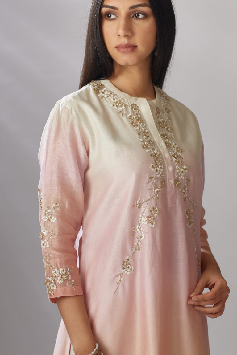 Ombre dyed straight kurta set, detailed with gota and sequin embroidery