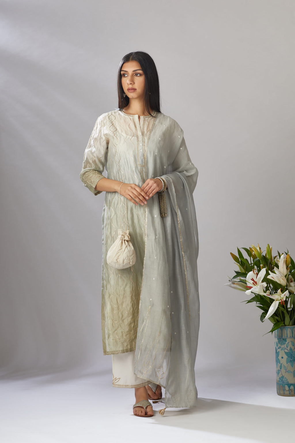 Straight kurta set with ombre dye and all-over gota work jaal