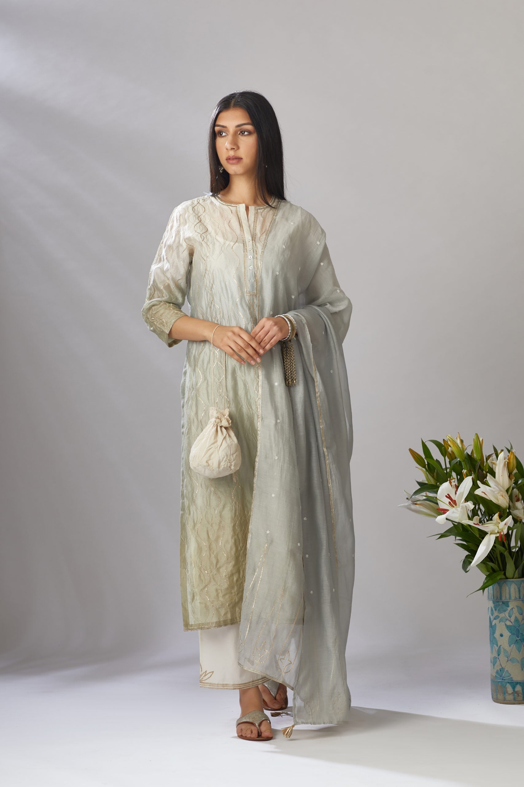 Straight kurta set with ombre dye and all-over gota work jaal