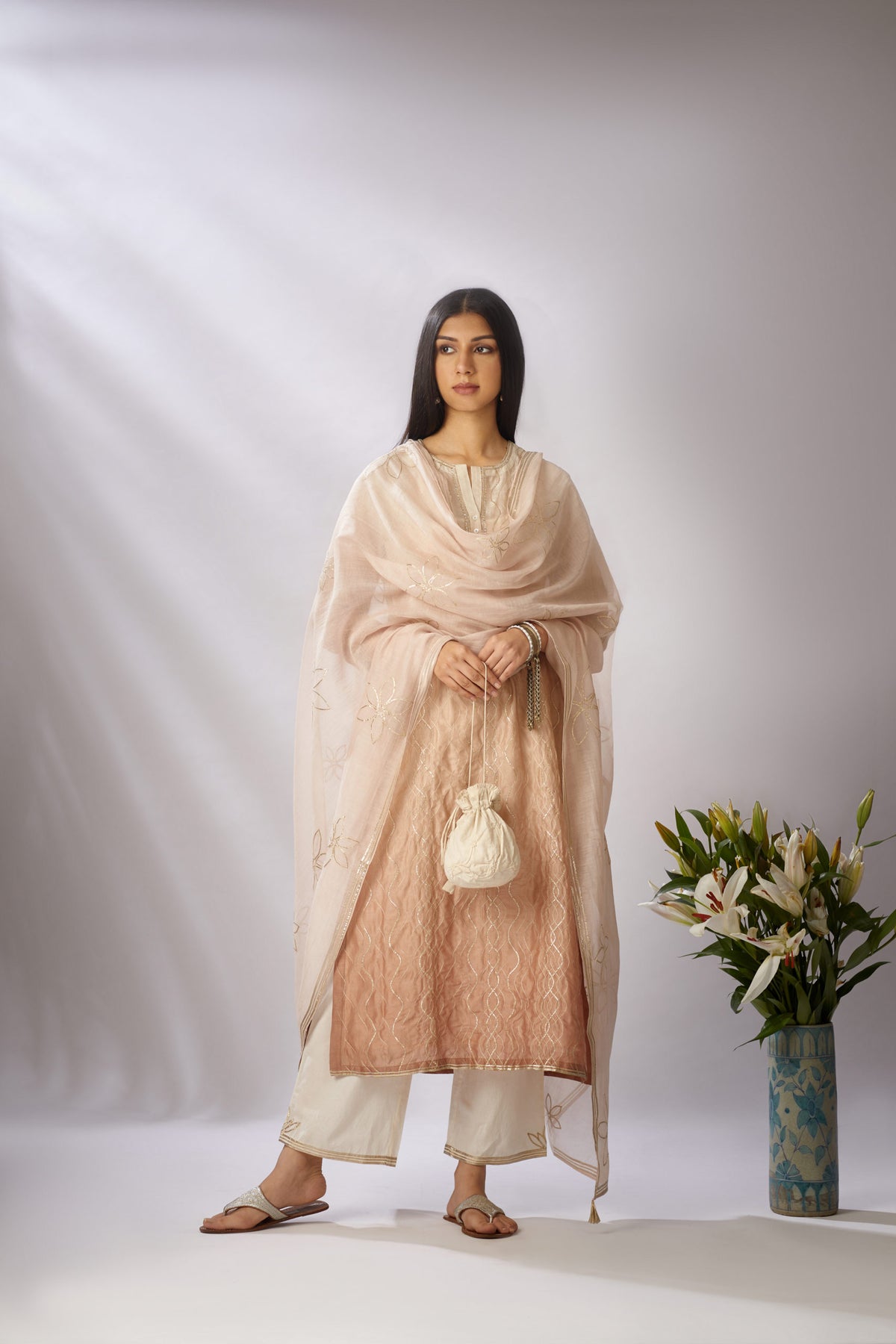 Straight kurta set with ombre dye and all-over gota work jaal