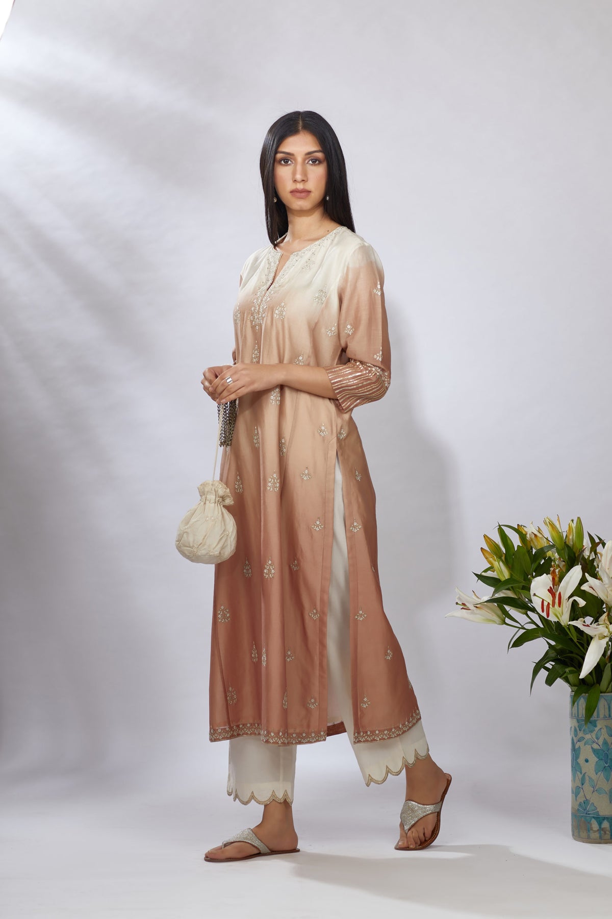 Ombre dyed straight kurta set, detailed with floral thread and zari embroidery