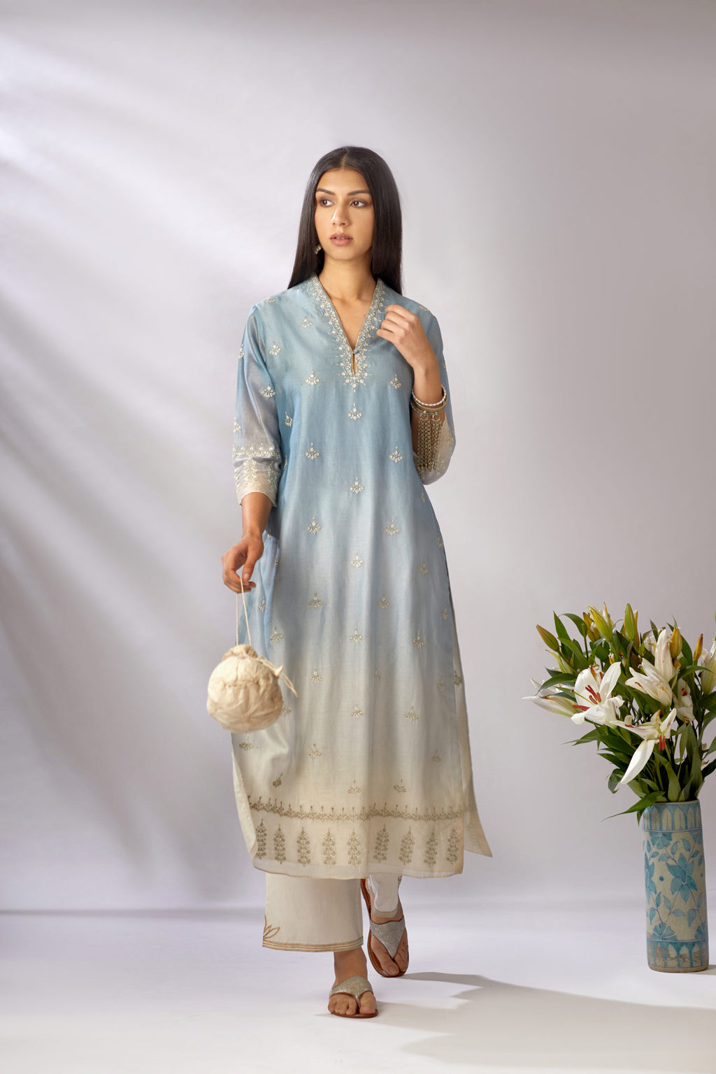 Blue ombre dyed straight kurta set, detailed with floral thread and zari embroidery